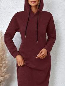 Side Pocket Drawstring Hooded Sweatshirt Dress - Burgundy - View 4