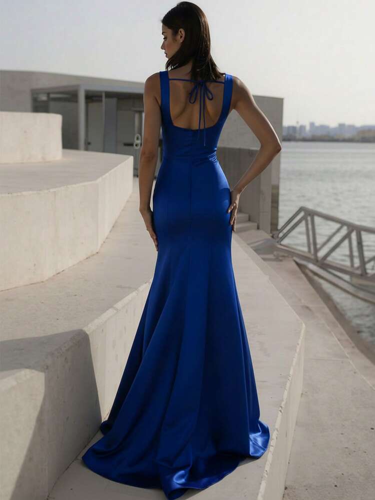 Basrey Vestido de Dama de Honra Ajustado de Cintura Alta com Alças Finas e Costas Abertas na Cor Azul Royal, Vestido Longo Sereia, Adequado para Casamentos, Despedidas de Solteira, Férias, Galas, Noivas, Vestidos Brancos da Primavera - Azul Royal - Visão 2