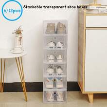 6/12个透明可堆叠鞋盒，防尘设计，适用于运动鞋、皮鞋、高跟鞋、帆布鞋、拖鞋，可用作门后、床下等处的鞋架。 - 彩色 - 查看 3