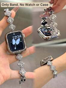 1pc Silver Gemstone & Glitter Jewelry Crystal Diamond Encrusted Gold Metal Frame Watch Bands, Compatible With Ultra3 2 1 SE S10 S9 S8 S7 S6 S5 S4 S3 S2 S1, Fashionable & Elegant, Suitable For 38mm 40mm 41mm 42mm 44mm 45mm 46mm 49mm Smart Watches Women - Silver - View 3