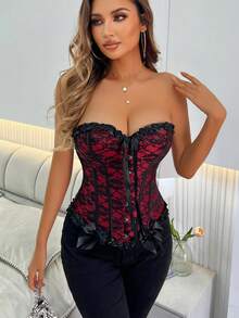 Corset bustier overbust sans bretelles pour femmes, top moulant avec détail nœud en dentelle, fermeture par boutons à l'avant, laçage dans le dos, convient pour Halloween - Rouge foncé - Voir 7
