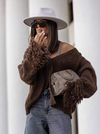 Women's V-Neck Knit Cardigan Sweater, Tassel Cuffs, Elegant & Fashionable, Autumn/Winter Sweater, Ladies Sweater, Brown Sweater, Casual Daily Wear