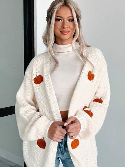 Womens Fall Outfits Halloween Costume Pumpkin Embroidery Open-Front Loose Knit Long Cardigan Sweater Ladies Autumn Halloween Pumpkin Knit Cardigan Casual Pattern Long Cardigan Coat Holiday Sweater