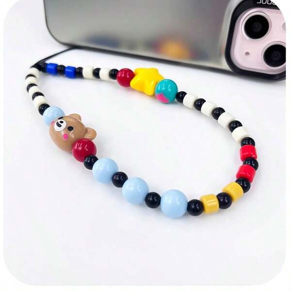 1pc Cute Bear Phone Lanyard, Creative Cartoon Phone Strap Pendant, Handmade Beaded Wristlet, Personalized Women/Men Phone Accessory, DIY Hanging Decor, CCD Star Multicolor Circus Charm Bracelet, Kawaii Beaded Phone Case Strap, Anti-Lost Cord, Y2K Style
