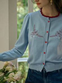 Simple Retro Cardigan suéter feminino retrô simples com gola alta e bordado em cores contrastantes