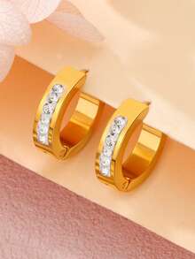 高品质哑光情侣防水首饰套装，时尚魅力全锆石镶嵌不锈钢耳环项链套装，男女皆宜 - 金色 - 查看 3