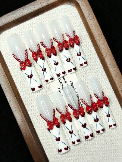 10pcs/Set - Handmade Wearable Nail Art Decorations, Press-On Fake Nails, European Style Manicure, Bowknot, Bow Tie, Heart - Fashionable And High-End. Brand New Halloween And Christmas Designs. Suitable For Girls. Reusable