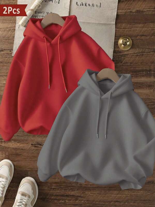 Zweiteiliges Set, warmes Kapuzenpullover-Sweatshirt für Damen, dicker Stoff mit warmem Fleecefutter für Herbst und Winter, Damenoberteil aus Baumwolle, Kapuzenpullover mit überschnittenen Schultern und geschwungenem Oversize-Sweatshirt, modisch und vielseitig, Atmosphäre/Retro-Stil/High-Street-Stil/britischer Stil/College-Stil, geeignet für Kleidung bei kaltem Wetter, langärmliges Oberteil, Kapuzenpullover für Ausflüge, italienisches Sweatshirt, Festivalkleidung, tägliche Freizeitkleidung, rot-graues Oberteil