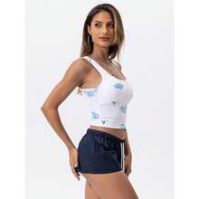 Women Rib Tank Top Padded Workout Top Square Neck Crop Tank Fitted Basic Cami Tops - Floral Forget-me-not Blue - View 4