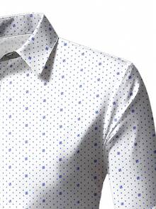 Men's White Geometric Print Shirt, Slim Fit Long Sleeve Single-Breasted Collared White Shirt, Suitable For Spring, Summer, Autumn, Elegant And Fashionable Top For Business And Formal Occasions, Made Of Polyester - Blue and White - View 5