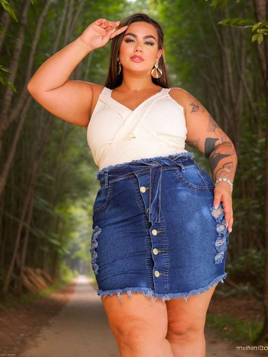 Plus Size Denim Skirts - 藍色 - 查看 1