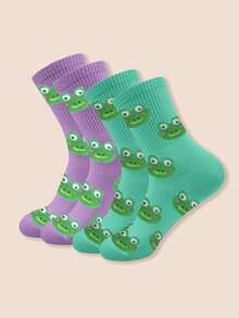 زوجان من الجوارب متوسطة الطول ذات تصميم كرتوني بنمط الضفدع، تصميم جميل وعصري، مناسب للرجال والنساء