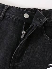 男童休闲街头风闪电雪花印花水洗黑色直筒牛仔裤，春夏新款 - 黑色 - 查看 6