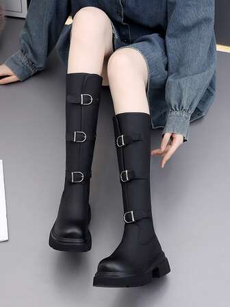 Botas altas de montar de ajuste ceñido con suela gruesa y tacón ancho con hebilla, nuevas para otoño/invierno 2025, tallas grandes para mujeres