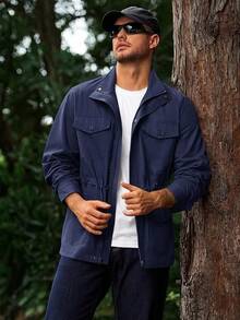 Chaqueta militar para hombre con cremallera completa y botones, chaqueta de campo con múltiples bolsillos, chaqueta cargo para exteriores, halloween - Marina de - Ver 8