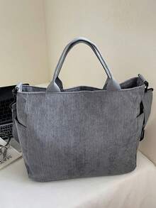 女士灯芯绒复古托特包，多口袋休闲单肩包，斜挎包，学生背包，办公手提包，大容量可折叠购物袋 - 灰色 - 查看 9