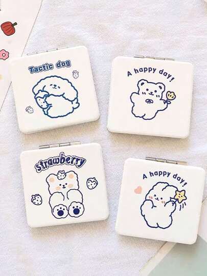 Portable Folding Makeup Mirror With Cute Rabbit & Bear Cartoon Design, Convenient For Students
