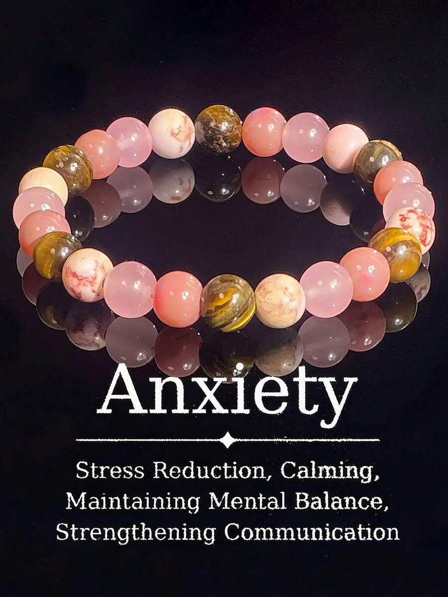 1pc Natural Tiger Eye Stone Elastic Bracelet With Pink Beads - Comfortable For Daily Wear And Parties, Mother's Day Gift, All-Season Accessory - Multicolor - View 1