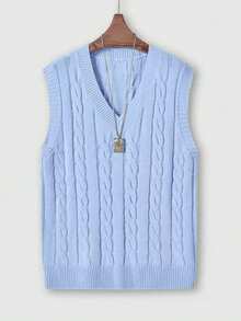 Áo len dệt kim cổ chữ V màu trơn cho nam, Thu/Đông - Màu xanh nhạt - Xem 1