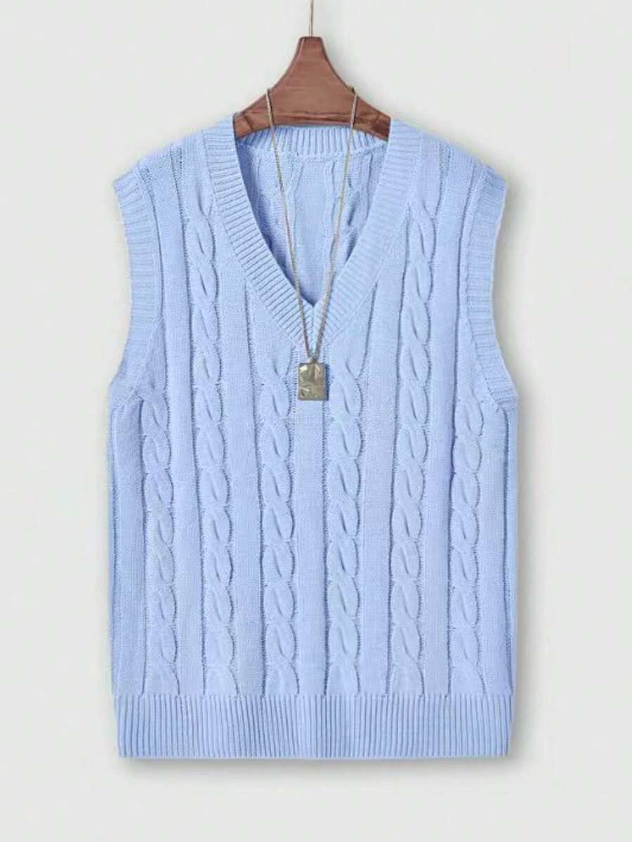 Áo len dệt kim cổ chữ V màu trơn cho nam, Thu/Đông - Màu xanh nhạt - Xem 1