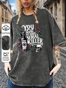 T-shirt d'été à manches courtes en coton pour femmes grandes tailles avec imprimé bouteille de poison, rose et crâne. Top casual et confortable pour un port quotidien