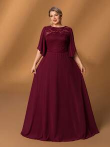 Faeriesty Mosy ​Elegant Plus-Size Round Neck Ruffled Sleeve A-Line Mother Of The Bride Dress | Lace Embellished Formal Gown For Wedding Ceremonies, Grand Galas, Upscale Banquets, Formal Dinners & Luxury Receptions​