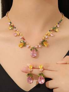 1 Set Pink & White Zirconia Embedded Necklace & Earrings Jewelry Set, Gorgeous Design With Teardrop Gemstones, Suitable For Formal Occasions Like Gala, Wedding (Assorted Colored Crystals)