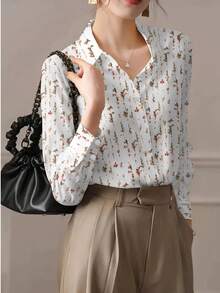 Camiseta elegante de talla grande con estampado floral y botones - Multicolor - Ver 5