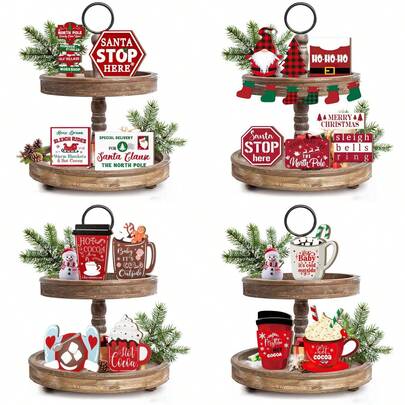 مجموعة ديكورات عيد الميلاد الريفية لطاولة متعددة الطبقات من الخشب للاحتفال بعيد الميلاد والأعياد الشتوية، مصممة بشكل سانتا كلوز وقزم عيد الميلاد وكاكاو ساخن وحيوانات المزرعة عيد الميلاد، لافتات خشبية صغيرة بطراز عيد الميلاد المرح للمطبخ وطاولة القهوة بالمنزل الريفي (بدون صينية)