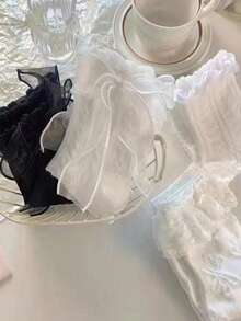 5/6 Pairs Random Women Bow, Ruffle, Floral Lace Thin White/Black Mid-Calf Socks, Soft Comfortable Minimalist Lace Socks, Suitable For Daily And Outdoor Wear Christmas Gift - Black and White - View 2