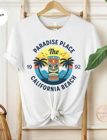 Paradise Place California Beach Shirt, Totem Wave Palm Trees Tee, Casual Summer Wear, Unique Vacation Gift, Beachwear Top, Travel Gift - 白色 - 查看 1