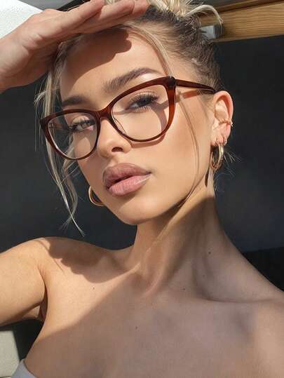 1 Pair Women's Brown Cat Eye PC Frame Fashion Solid Color Minimalist Casual Eyeglasses
