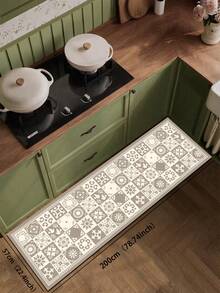 1pc Silica Gel Kitchen Mat, Vintage Mosaic Pattern, Gray & White Color Scheme, Composed Of Various Small Squares With Floral, Geometric Patterns, Classic Elegant Retro Style, Luxury Fashion Kitchen Carpet, Anti-Fatigue