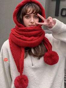 韩版女士针织帽带围巾秋冬可爱绒球耳罩厚保暖帽 - A - 查看 7