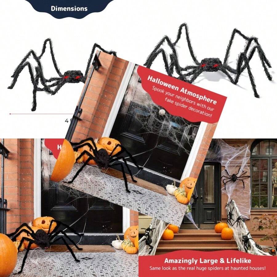 PREXTEX Halloween Spider With Light Up Eyes LED Lights Decorations 4 Ft Hairy Spider Prop With Giant LED Red Eyes Halloween Decor For Indoor Outdoor Golf Cart Wall Door Hanger