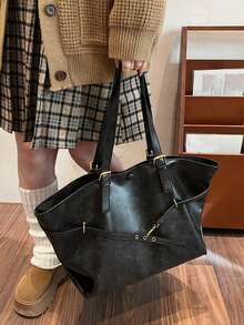 复古大容量多功能日常单肩包，简约纯色轻便手提包，美拉德时尚扇形包，小众设计休闲腋下包，适合通勤、旅行和各种场合。 - 黑色 - 查看 6