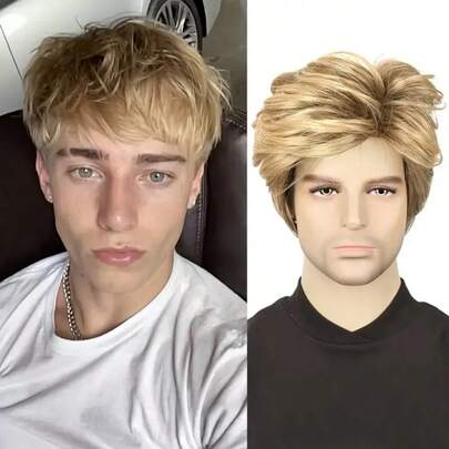 Peruka męska 10 cali, krótka peruka z grzywką, krótka blond peruka, kręcona, warstwowa peruka syntetyczna dla mężczyzn, peruka do cosplayu na Halloween