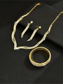 4pcs/Set Women Jewelry Set - Necklace, Earrings, Bracelet, Geometric Design, Suitable For Party, Wedding & Thanksgiving T8EF - 金色 - 查看 4