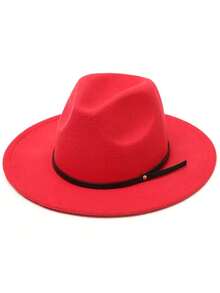 1pc Unisex Autumn/Winter Wide Brim Wool Felt Hat, Elegant Leather Belt Decor Personalized Casual Fashion Cowboy Hat, Suitable For Party, Gathering, Western Themed Events, Daily Wear