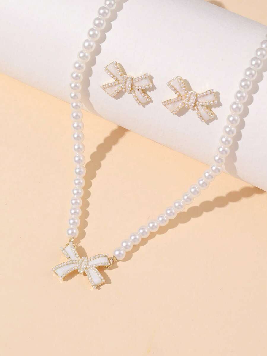 3pcs/Set Fashionable Minimalist Pearl Bow Earrings & Necklace Jewelry Set, Gift For Girls - one-size - View 1