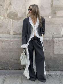Women's Lace Ruffled Cardigan With V Neck Flared Sleeves  Asymmetric Hem For Elegant Casual And Street Styles - 白色 - 查看 6