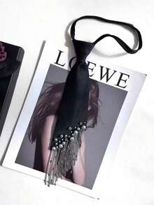2025 New Design Fringed Tie For Women, Korean Pearl Slouchy No-Tie Necktie To Match Shirt, Black Color - Đen-a - Xem 2