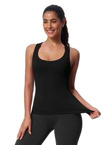 Seamless Workout Tank Top For Women With Built In Bra, Padded Racerback Athletic Yoga Camisole - Black - View 4