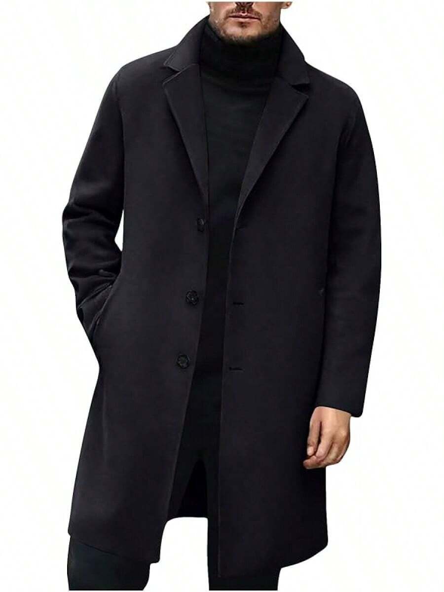 Coat Men Wool Single Breasted Notched Lapel Collar Pea Coat Winter F Warm Business Mid Long Outwear Overcoat - A01-黑色 - 查看 1