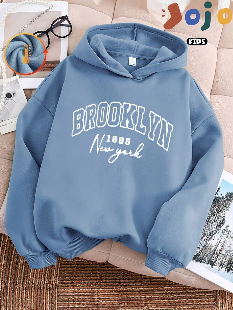 Nuova collezione autunno/inverno, felpa con cappuccio casual retrò e minimalista per ragazzi, oversize con spalle a caduta, morbida e confortevole, con stampa grafica carina e stilosa di lettere e nomi di città, abbigliamento casual da strada - Blu denim 2 - Visualizzare 1