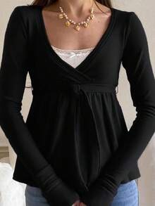 Women Y2K Babydoll Knit Tops Long Sleeve Lace Patchwork Low Cut Peplum Sweater Fairy Vintage 90s Coquette Blouse - 黑色 - 查看 2