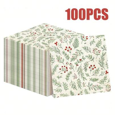 100/60/20pcs 13 * 13 Inch Disposable Printed Napkins With Green Plants And Red Fruit Patterns, Used For Birthday Parties, Family Gatherings, Wedding Banquets, Hotel And Restaurant Decoration Paper