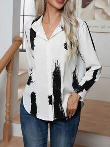 Textured Button Front Collared Shirt, Casual Elegant Long Sleeve Blouse For Women, Spring/Autumn