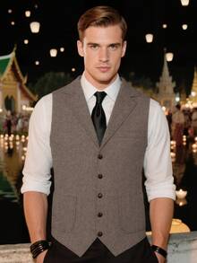 Casual Men's Vests Herringbone Tweed Vest V-Neck Waistcoat For Men Retro Men's Wedding Vests Hunting Travel Workwear Vest - 摩卡棕 - 查看 6