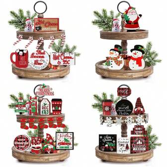 1 Set de decoraciones de bandeja de madera de estilo rústico de Navidad para invierno, fiestas navideñas, decoración de cocina y mesa, diseñado con Papá Noel, muñecos de nieve, duendes navideños, taza de chocolate caliente, calcetín navideño, letreros de madera rústicos con "Feliz Navidad" para decoración de granja, barra de café y mesa (sin bandeja)